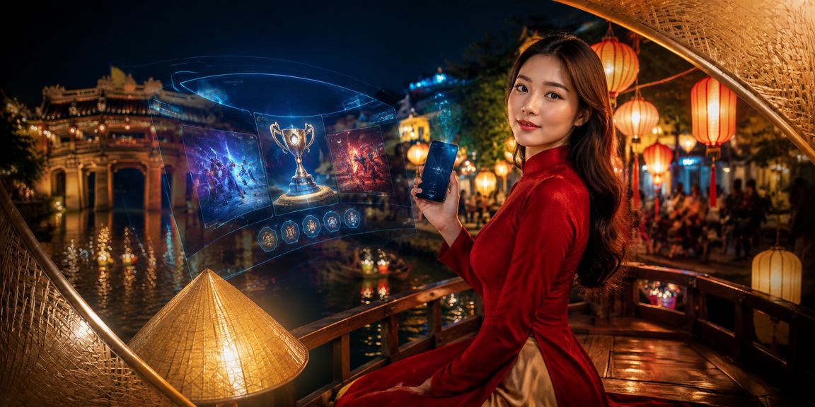 Người dùng mặc áo dài xem phân tích cược esports tại Hội An